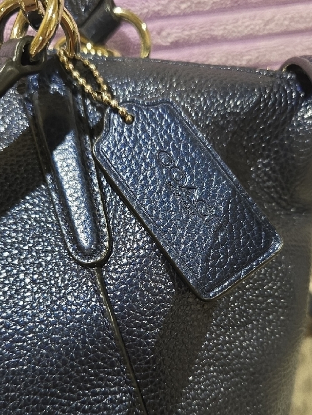 Coach Pebbled Leather Shoulder Satchel - Metallic Navy Blue - Picture 7 of 15